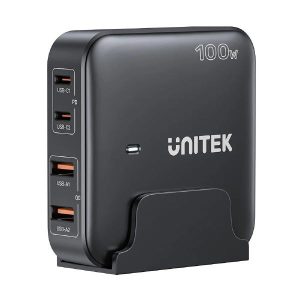 Unitek 4-in-1 Desktop GaN Charger, USB-C x2 PD, USB-A QC 3.0 x2 with Power Cord, 100W, Black, Unitek Gift Box