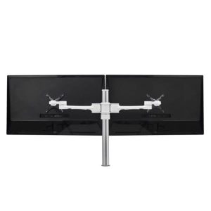 Atdec Dual Monitor Swing Arms Mount on Post. Up to 32", Max load: 8kg (flat), 5.5kg (curved), Bolt-Through and F-Clamp, VESA up to 100x100. White.