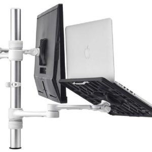 Atdec Notebook-Monitor Combo Mount on Post. Max load: 8kg (Flat), 5.5kg (curved). Up to 32" screens. Up to 18" notebooks (8kg). VESA 100x100. White