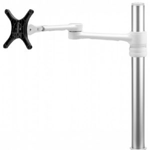 Atdec Single Monitor Swing Arm on Post. Up to 32" screens, Max load: 8kg (flat), 5.5kg (curved), Bolt-Through and F-Clamp, VESA up to 100x100. White.
