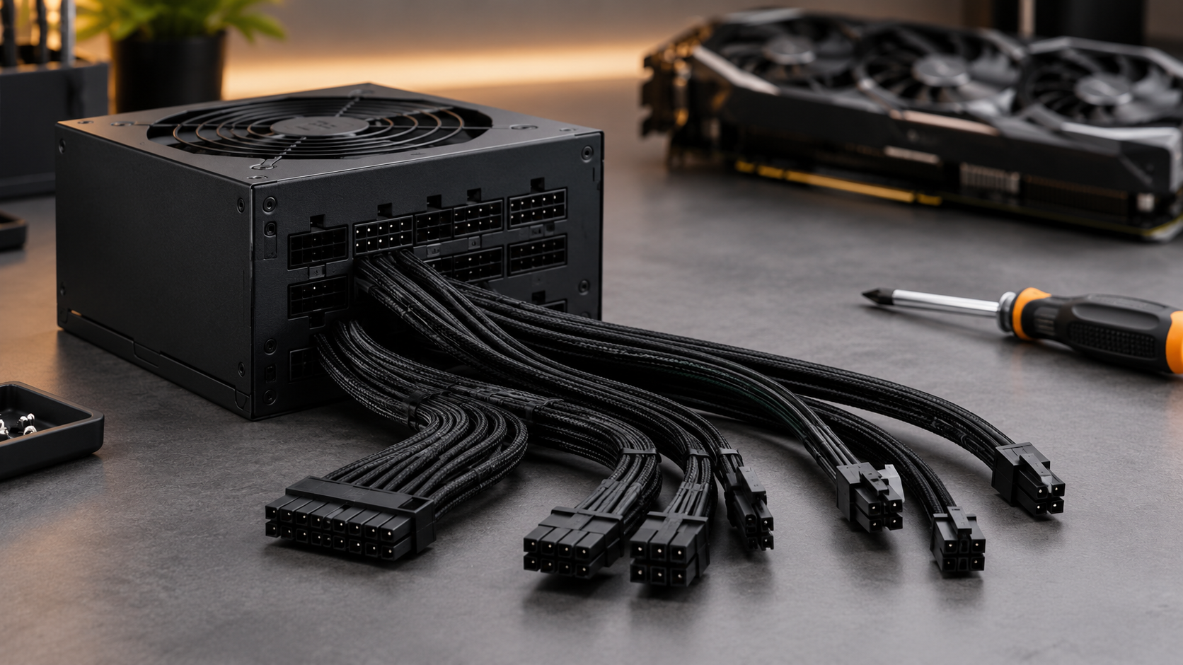Modular PC power supply with cables laid out on a workbench
