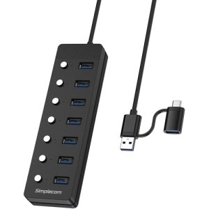 Simplecom CH375C USB-A and USB-C to 7-Port USB 3.0 Hub 5Gbps Individual Switches and Power Adapter