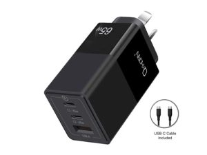 Oxhorn 65W GaN Type C fast Charger 3 Port 2xUSB-C 1xUSB-A PD3.0 QC4.0 PPS AUS Approved C-tick Black with 1m cable