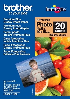 Brother BP71GP20 Premium Plus Glossy Photo Paper - 4x6", 20 Sheets Per Pack