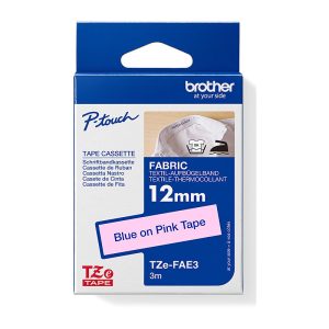Brother TZE-FAE3 - 12MM BLUE ON PINK FABRIC IRON-ON TZE TAPE