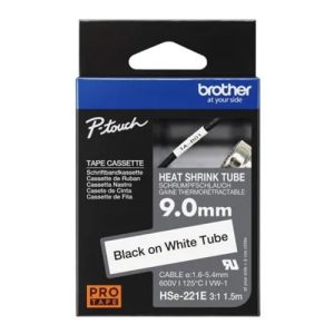Brother HSe-221E 9mm Black on White Heat Shrink Tube Tape