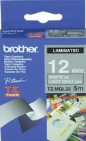 Brother TZE-MQL35 White on Light Gray Tape - 12mm