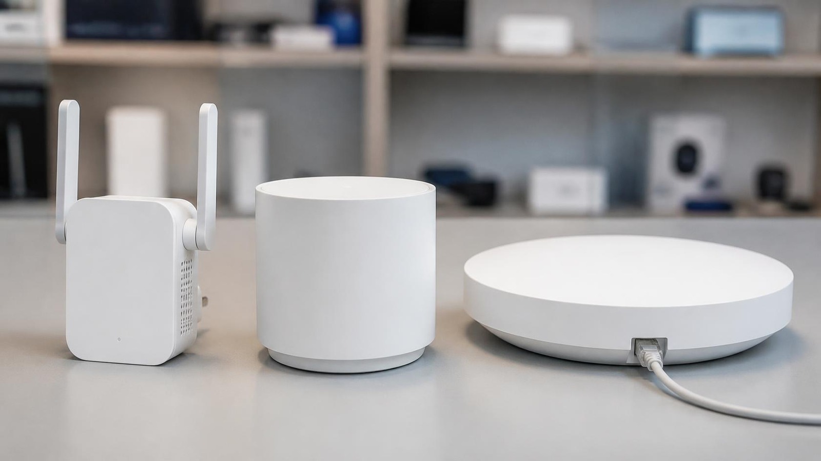 Wi-Fi range extender, mesh unit and ceiling access point side by side