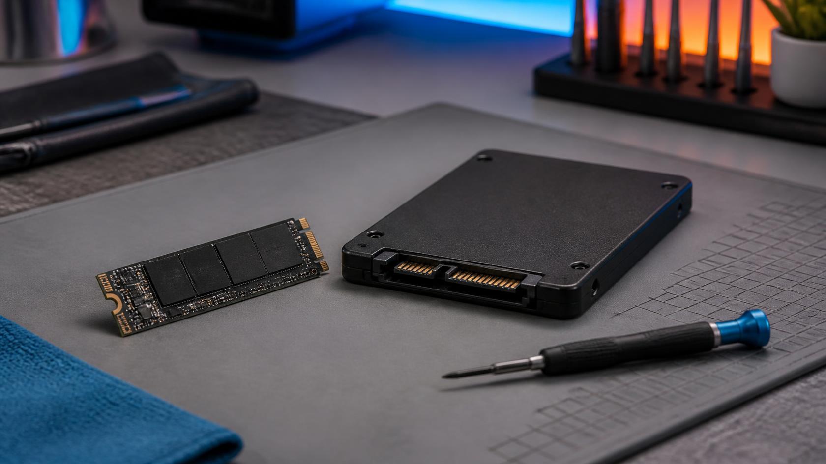 M.2 NVMe and 2.5-inch SATA SSDs on a technician's workbench