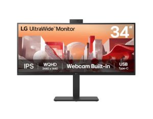 LG 34' UltraWide QHD Curved IPS 60Hz Monitor, 3440x1440, sRGB 99%, HDR10, Full HD Webcam/Mic/Speakers, USB-C 90W PD, RJ45, Adj Tilt/Height/Swivel