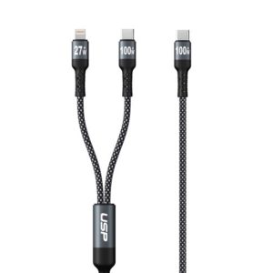 USP Braided 2-in-1 USB-C to Lighting (27W) + USB-C (100W) Super Fast Charging Cable (1.2M) Black - High Speed Charging, 5 Years Warranty