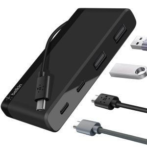 Belkin USB-C 4-Port Mini Hub (USB Type-C) - Black(F4U090btBLK), 5Gbps, 2x USB-C, 2x USB-A, Compact & Travel-Ready, Ultra-Portable,2 Years Warranty