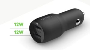 Belkin BoostCharge 24W Dual USB-A Car Charger - Black (CCB001btBK), 2xUSB-A (12W), Safe & Optimized, Apple iPhone, CEW $2,500, 2 Years Warranty