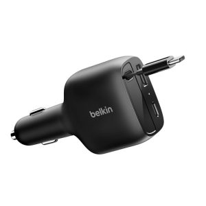 Belkin BoostCharge 75W Retractable Car Charger - Black (CCC001fqBK), Fast Charge, Retractable Cable (75CM), 1x USB-A, 1x USB-C, 2 Years Warranty