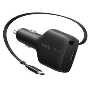 Belkin BoostCharge 30W Retractable Car Charger - Black (CCC002fqBK),Fast Charge,Retractable Cable(70cm),1x USB-A,1x USB-C,$2500 CEW,2 Years Warranty