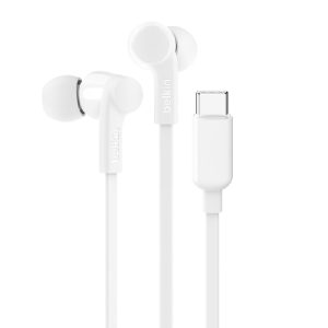 Belkin SoundForm USB-C Wired Earbuds With Adjustable Volume Limiter -White(G3H0002fqPKV2),IPX5-Rated,10mm Drivers,Built-in Microphone,2 Years Warranty