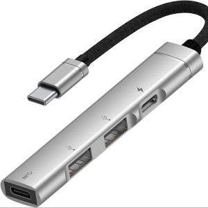 USP Multiport 4-in-1 Dual USB-C & Dual USB-A Hub - Silver, (2x USB-A), (2x USB-C), 1x USB-C PD Fast Charging, Braided Cable, 5 Years Warranty