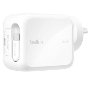 Belkin UltraCharge Retractable Dual 67W USB-C GaN Wall Charger - White(WCH022auWH),1xUSB-C,1x Retractable USB-C Cable(1M),$2,500 CEW, 2 Years Warranty