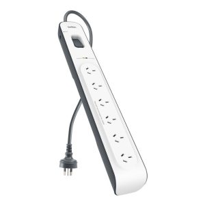 Belkin SurgeMaster 6-Outlet Surge Protection Strip with 2M Power Cord - White/Grey (BSV603au2M), 650 Joules Protection, CEW $30,000, 2 Years Warranty