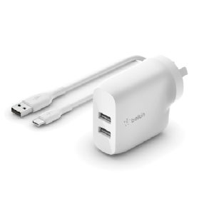 Belkin BoostCharge 24W Dual USB-A Wall Charger + USB-A to USB-C Cable (1M) - White