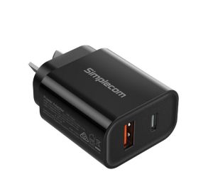 Simplecom CU220, Dual Port PD Fast Wall Charger, 1x USB-A, 1xUSB-C, 20W, Black, 1 Year Warranty