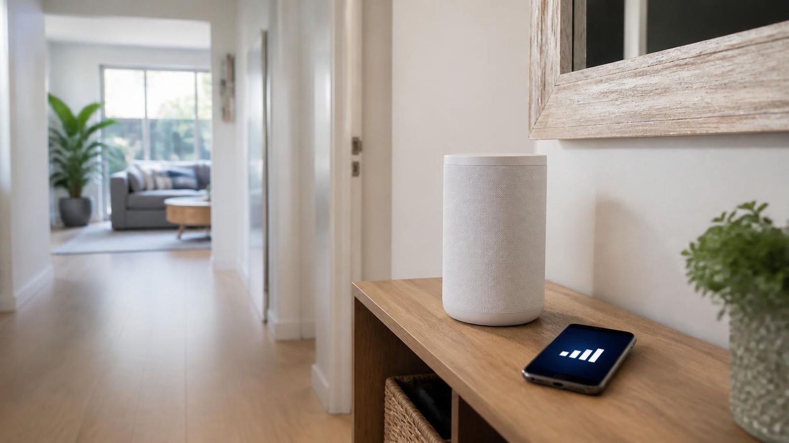 White mesh Wi-Fi unit on a hallway shelf with a phone showing full signal