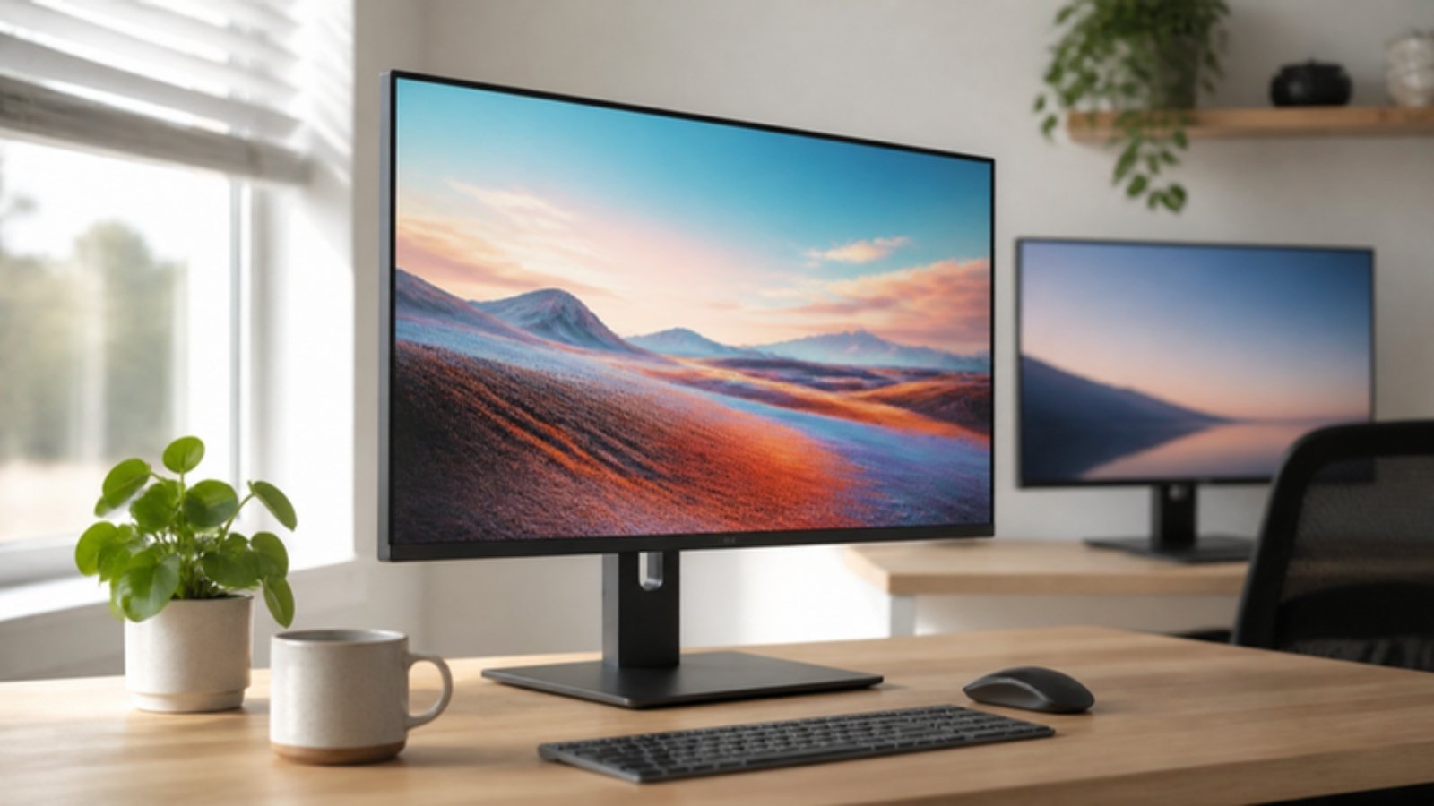 27-inch monitor on a height-adjustable stand in a bright home office