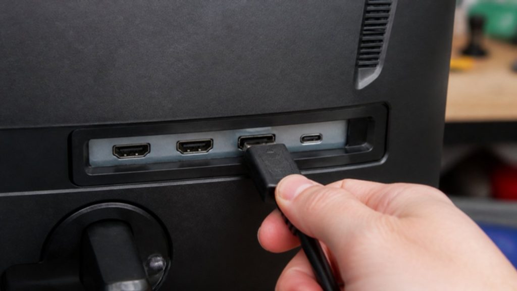 Monitor Buying Guide Australia: Size, Refresh Rate and Panel Types Explained 2 Plugging a video cable into the HDMI, DisplayPort and USB-C ports on the back of a monitor