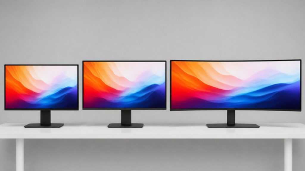 Monitor Buying Guide Australia: Size, Refresh Rate and Panel Types Explained 1 Three monitors of different sizes side by side on a white desk, including a curved ultrawide