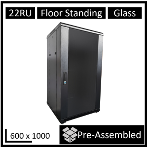 LDR Assembled 22U Server Rack Cabinet (L600mm x W1000mm x H1070mm), Glass Door, 1x 8-Port PDU, 1x 4-Way Fan, 2x Fixed Shelves - Black Metal Construction