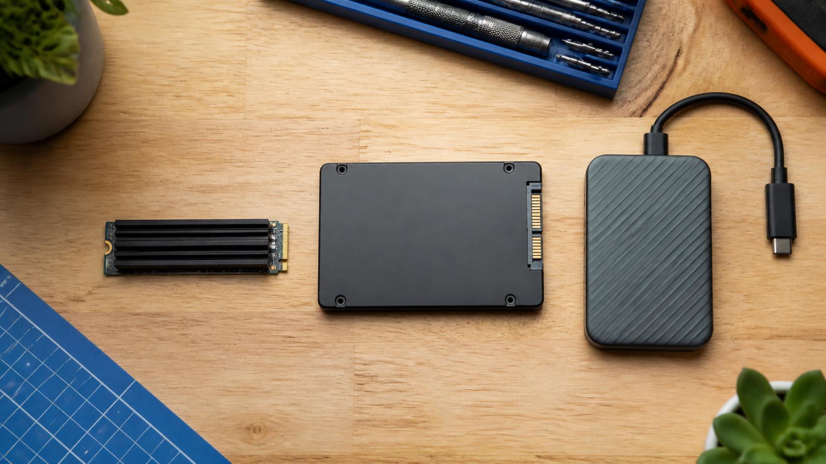 SSD Buying Guide Australia: NVMe vs SATA, and Which Size to Buy 2 NVMe SSD, SATA SSD and portable enclosure laid out on a workbench
