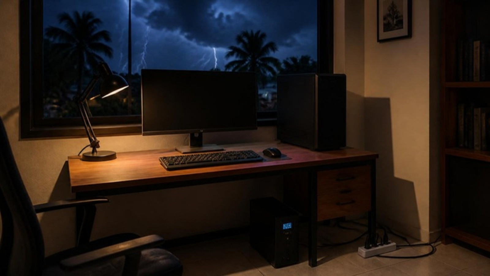 Home office desk during a thunderstorm with the PC plugged into a UPS and a surge protector