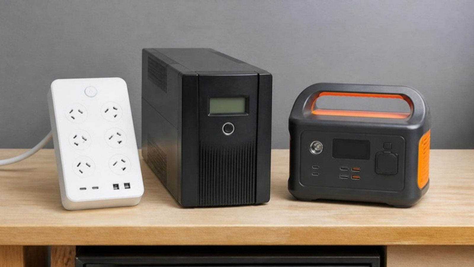 Storm Season Is Here: How to Protect Your Computer and NBN From Surges and Blackouts 2 Surge protector, UPS battery backup and portable power station side by side
