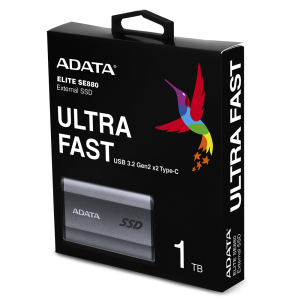 Adata AELI-SE880-1TCGY, SE880 Portable SSD, 1TB, USB 3.2 Gen 2x2 Type-C (USB 20Gbps), Read Speed: Up to 2000MB/s, Write Speed: Up to 2000MB/s, Titanium Gray, 5 Year Warranty