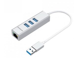 Simplecom CHN420 Silver Aluminium 3 Port SuperSpeed USB HUB with Gigabit Ethernet Adapter