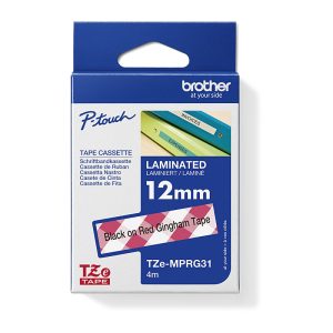 BROTHER TZE-MPRG31 PATTERN TAPE BLACK ON RED GINGHAM 12MM X 4M