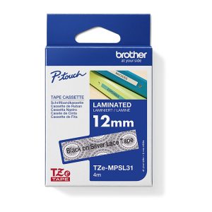 Brother TZE-MPSL31 PATTERN TAPE BLACK ON SILVER LACE 12MM X 4M