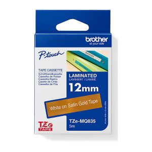 Brother DECO TAPE WHITE ON SATIN GOLD 12MM X 5M MATT LAMINATION TZE TAPE