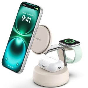 Belkin UltraCharge Pro 3-in-1 Magnetic Charging Dock w/ Qi2 (25W) + 45W Wall Charger + USB-C Cable(1.5M)- Sand(WIZ040auSD),$2500 CEW,2 Years Warranty